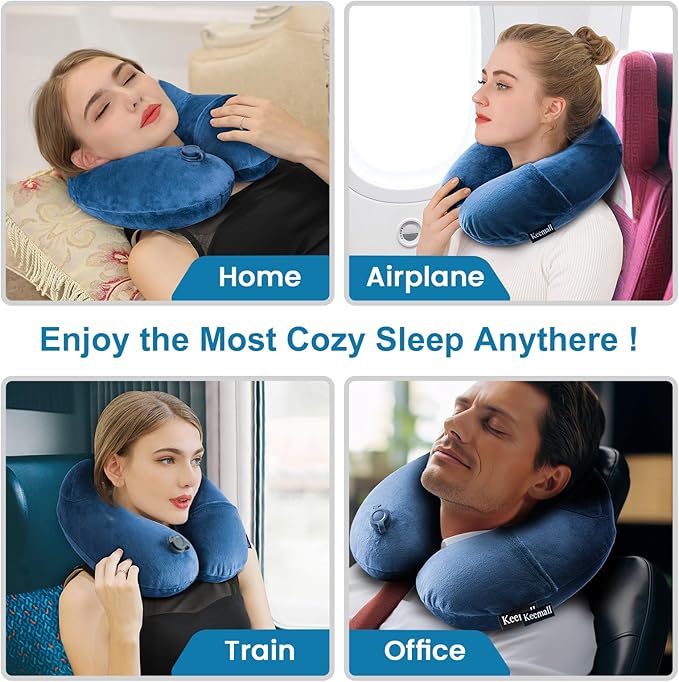 Inflatable Neck Pillow Airplane, Comfortable Inflatable Travel Neck Pillows for Airplanes Traveling on Plane, Soft Plush Cover Head Neck Rest Sleeping Long Flight for Car Train Office Home