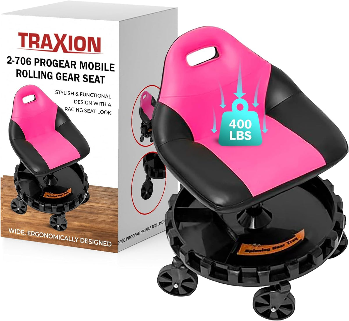 Traxion 400lb Capacity 2-706 Pink Progear Mobile Rolling Gear Seat with Black Carbon Fiber
