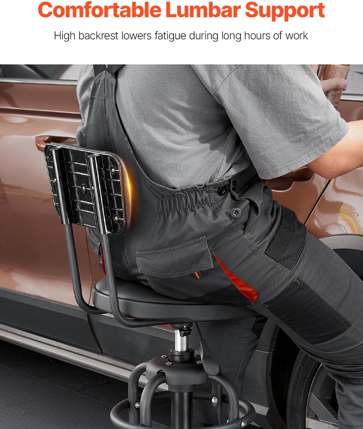 VEVOR Shop Stool with Backrest, Pneumatic Garage Seat/Work Stool with 300 lbs Capacity, Adjustable Height Roller Creeper Seat, 360° Swivel Padded Workshop Stool, for Garage, Shop & Auto Repair, Black