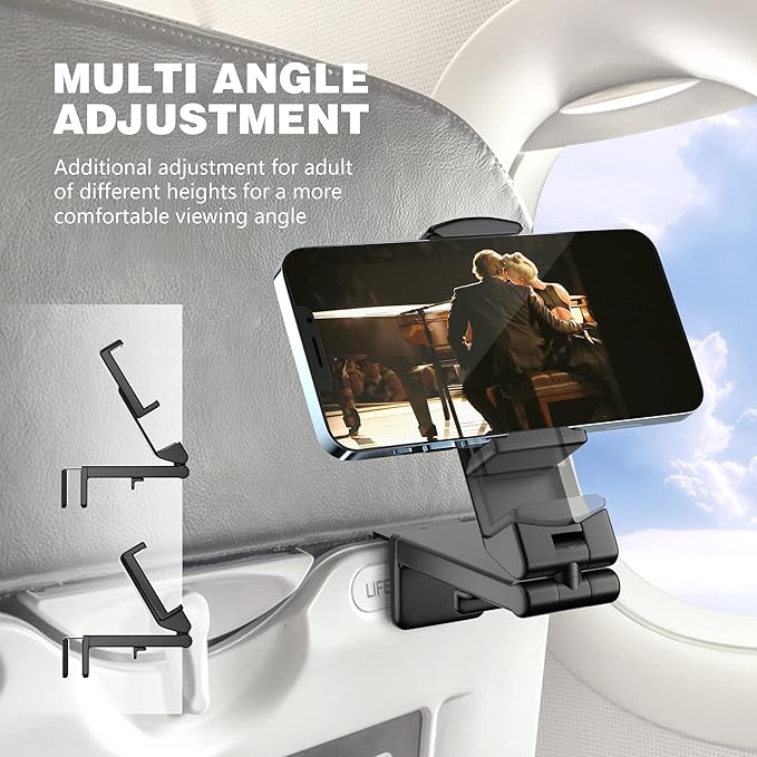 Perilogics Airplane Phone Holder Mount Universal in Flight Hands Free Viewing with Multi-Directional Dual 360 Degree Rotation (Black/Black)
