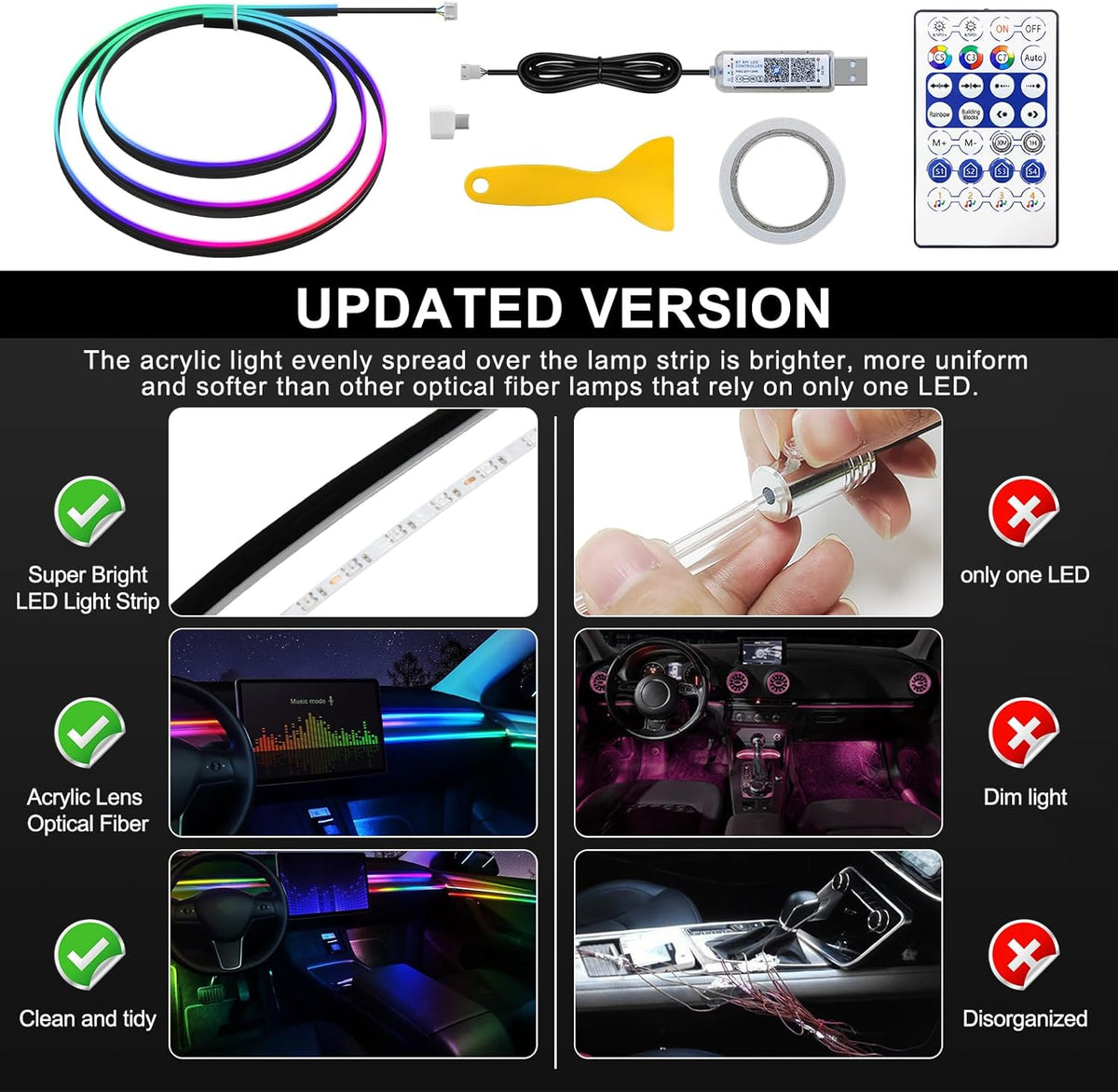 Dreamcolor Acrylic Interior Car LED Strip Light with USB/Type C, 43.3 inches Fiber Optic Ambient Lighting Kits, 16 Million Colors Sound Active Function Neon Accessories