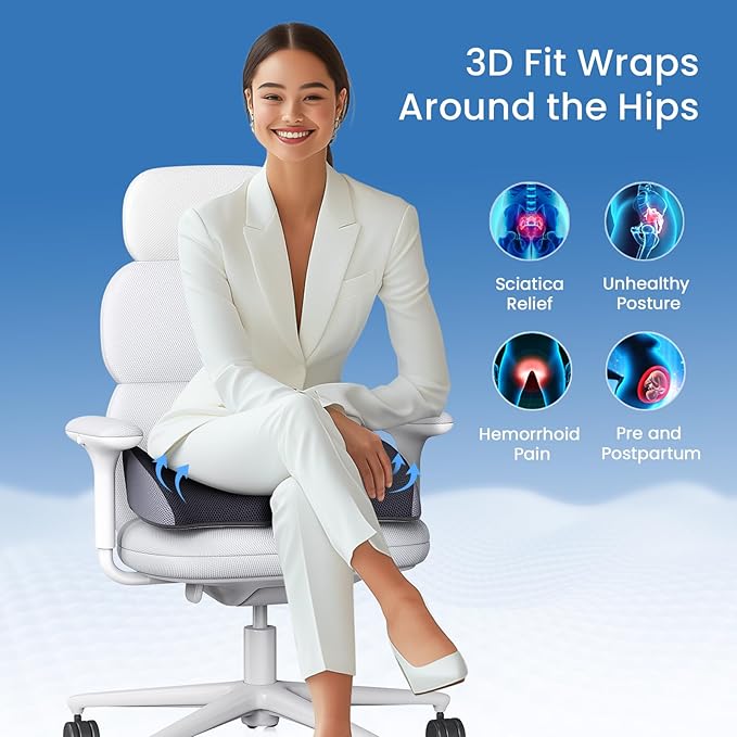 Benazcap Large Pressure Relief Seat Cushion for Tailbone Pain Office Chair Cushion for Butt, Back Pain, Coccyx & Sciatica Pain Relief Pillow. Memory Foam Seat Cushions for Office Chairs
