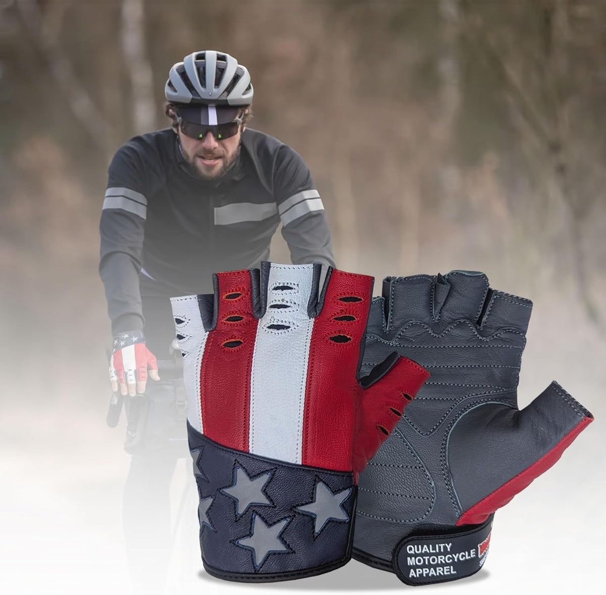 Hugger American Flag Fingerless Leather Gloves for Men – Motorcycle Biker Gloves with Air Crossing Feature – Comfortable Goatskin Glove for Riding, Driving, Gym & Work