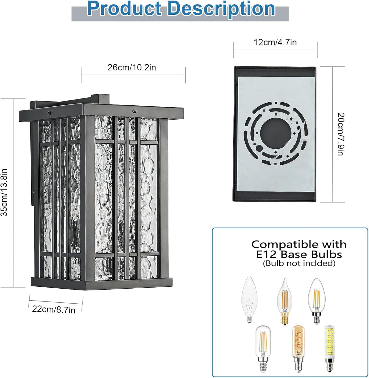 2-Light Outdoor Wall Light E26 Base Metal Frame - Black Exterior Waterproof Lanterns with Clear Glass, Porch Wall Mount Lighting for Garage, Patio(Bulb not Included)
