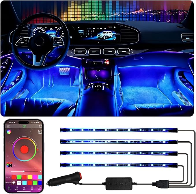 Footwell Lighting for car, Car Interior LED Lights,Lights for Inside car,APP Controlled RGB Light Strip with Music Sync Mode, 72 LEDs 16 Million Colors for Cars, Trucks, SUV via 12V Lighter