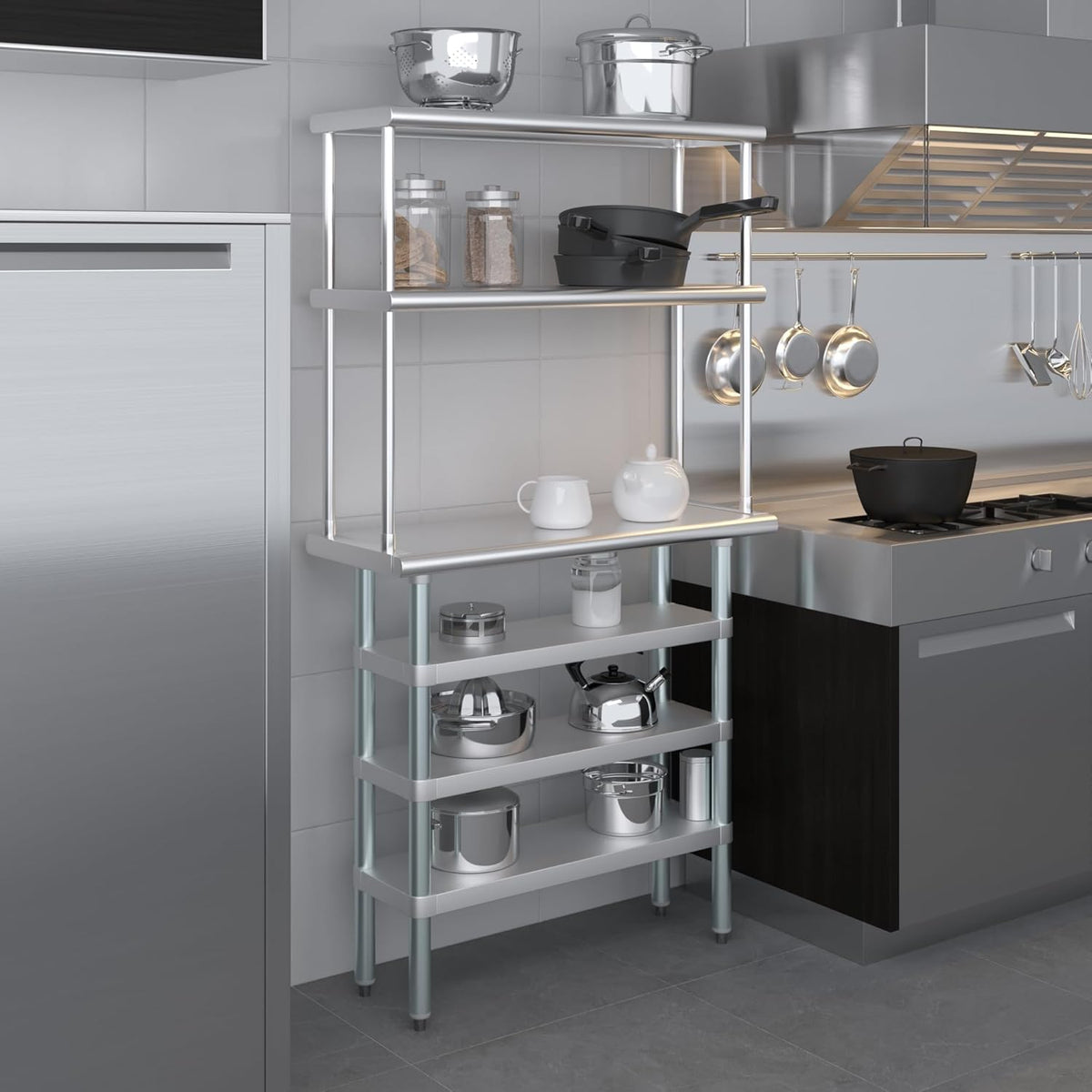 Amgood 14" x 36" Stainless Steel Work Table with 3 Shelves and 12" Wide Double Tier Overshelf | Metal Kitchen Prep Table & Shelving Combo | NSF