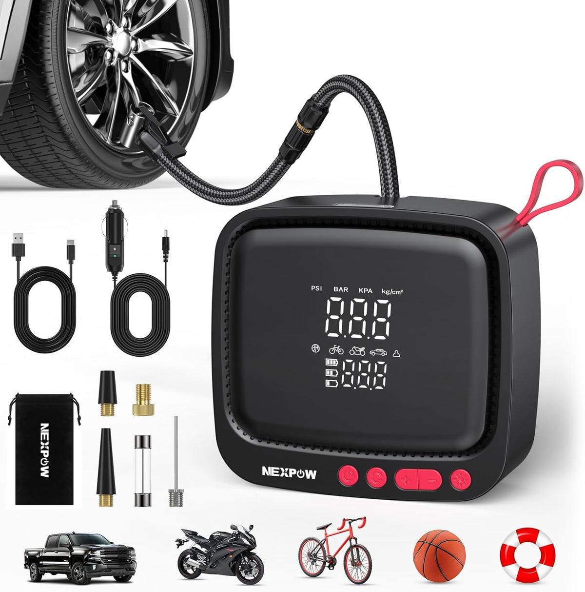 NEXPOW Tire Inflator Portable Air Compressor, 180 PSI Cordless Air Pump for Car Tires with Dual Digital Pressure Gauge & Auto Shut-Off, Portable Tire Pump for Car, Motorcycle, Bicycle, Ball and More
