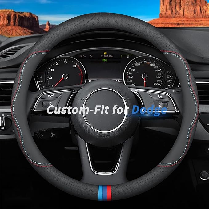Custom-Fit for Dodge Steering Wheel Cover, Premium Leather Car Steering Wheel Cover with Logo, Non-Slip, Breathable, for Dodge Accessories (C-Style,for Dodge)