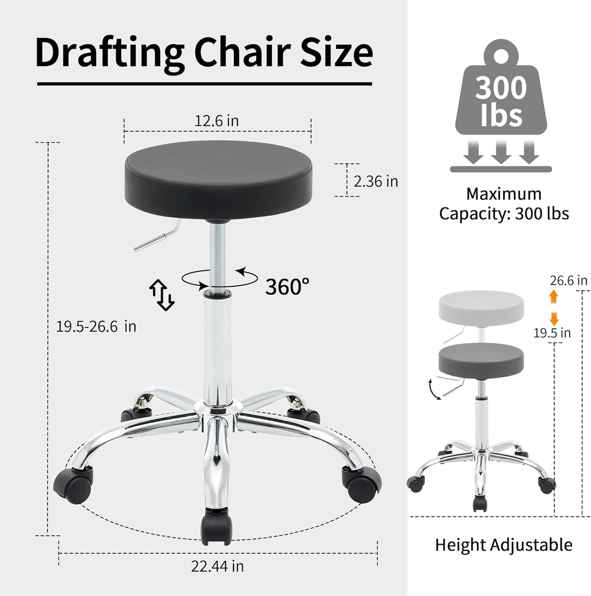 Rolling Office Stools, Adjustable Drafting Stool on Wheels 19.5’’-26.6’’, Black Ergonomic Office Chair (Black)
