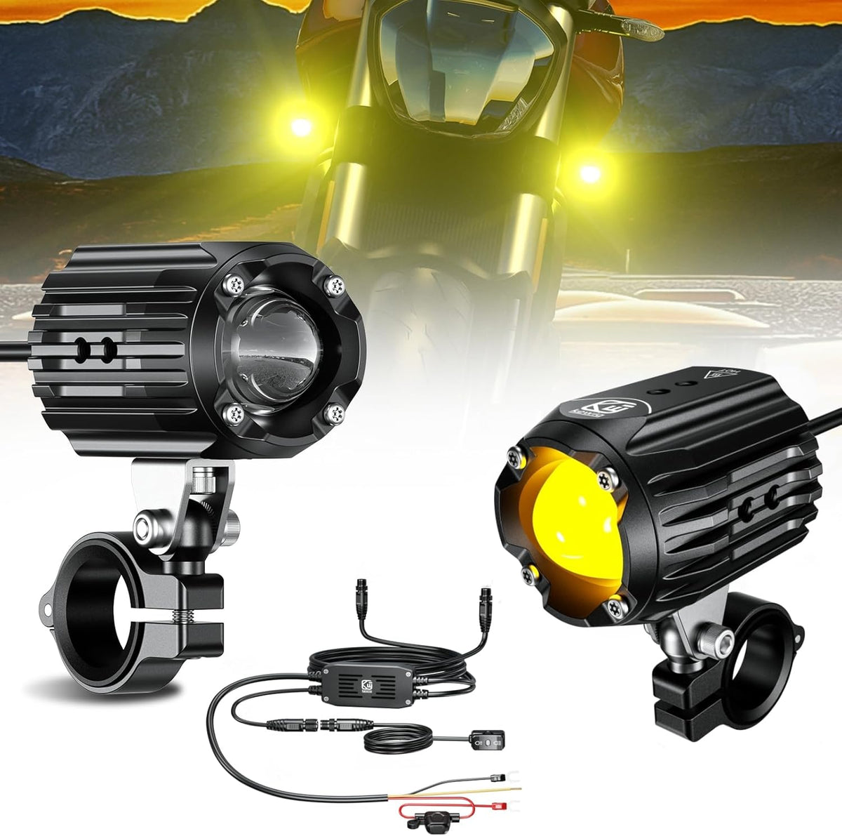 Motorcycle Auxiliary LED Light Driving Spotlights White/Amber Fog Lights with Mount Brackets Wire Harness Waterproof Offroad Work Lights Compatible with Motorcycle J-eep Car Truck 60W Driving Lamps