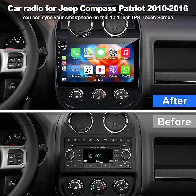 [4+64G] Android 13 Car Stereo for Jeep Compass Patriot 2010-2016 Support Wireless Carplay&Android Auto, 10.1 inch IPS Touchscreen Patriot Radio with GPS, WiFi, Bluetooth FM Radio