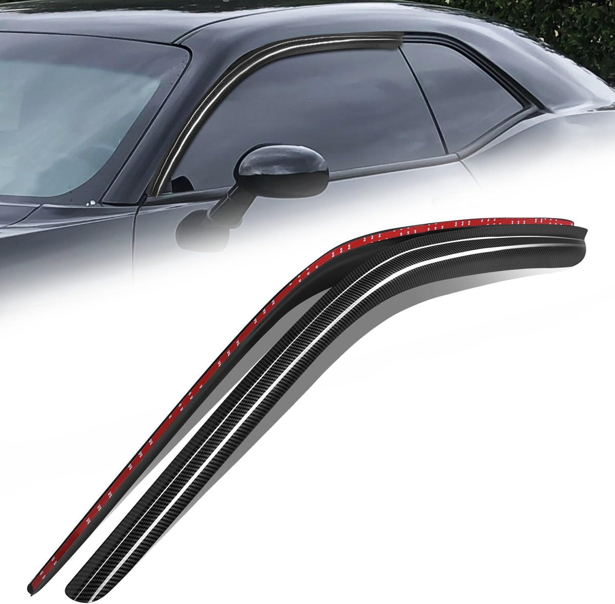Auto Dynasty 2Pcs Carbon Fiber Pattern Window Visors Compatible with 2008-2018 Dodge Challenger, Tape-On Front Window Deflectors, Glossy Dark Smoke