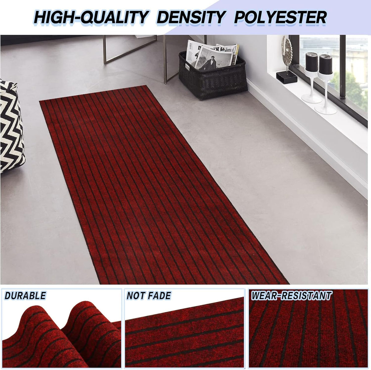 Custom Size Backed Non-Slip Area Rugs Runner, Easy Clean, Waterproof Runner Rugs for Hallway Entryway, Kitchen, Laundry, 3FT x 25FT, Red Stripe
