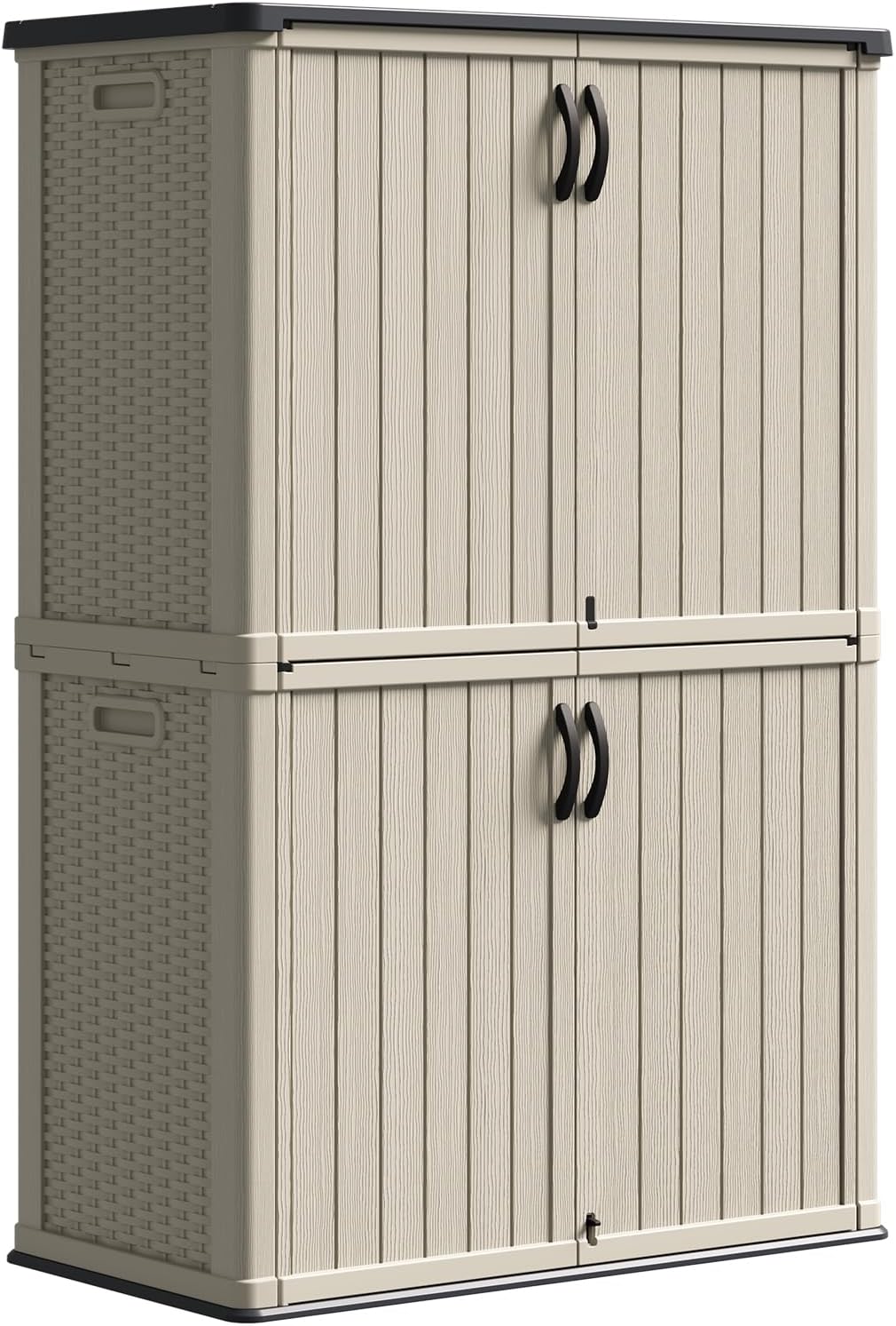 Patiowell 50 cu.ft Plastic Outdoor Storage Shed, Lockable Waterproof Resin Storage Cabinet Vertical Storage Shed for Garden Tools, Garbage Cans, Pool Supplies, Beige(Not Include Shelves)