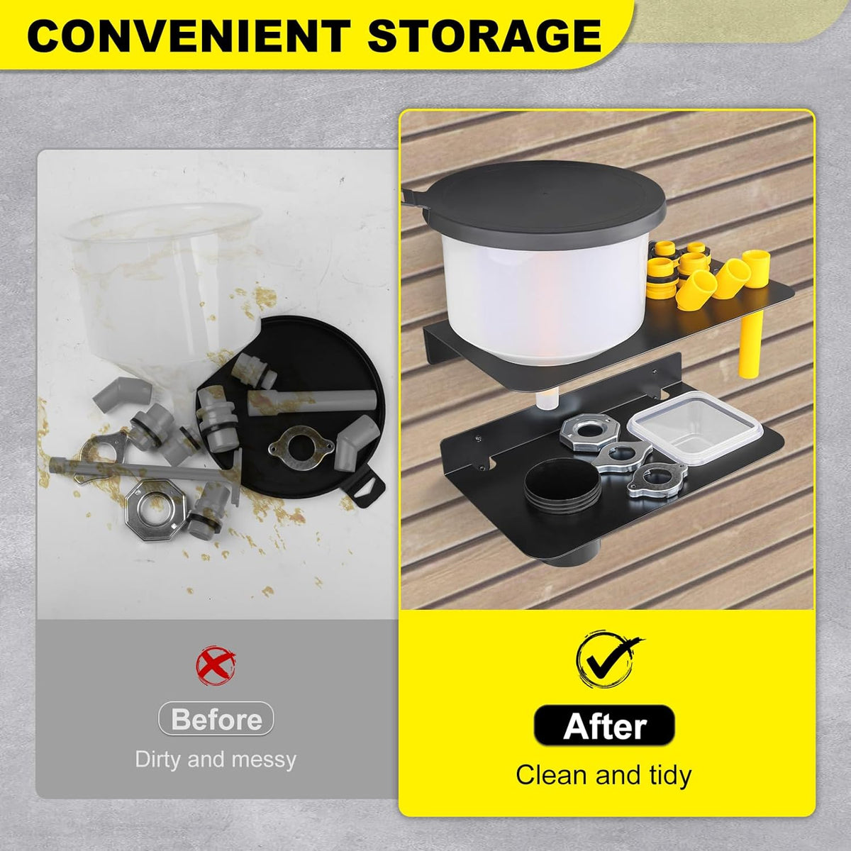 Coolant Funnel Kit Holder Storage Rack Includes 2 Plastic Removable Drip Cups, Wall Mount Fluid Drain Funnel Kit Organizer Bracket for Enclosed Race Trailers, Automotive Garage Shop, Black