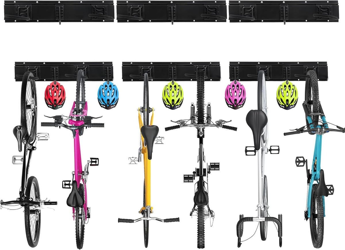 Sinoer Bike Storage Rack,Bike Wall Rack, Bike Storage Wall Mount for 6 Bikes + 5 Helmets Tool Storage Hook Adjustable for Garage or Home Vertical Bike Rack, 20 inches / 511mm - 3 Rails