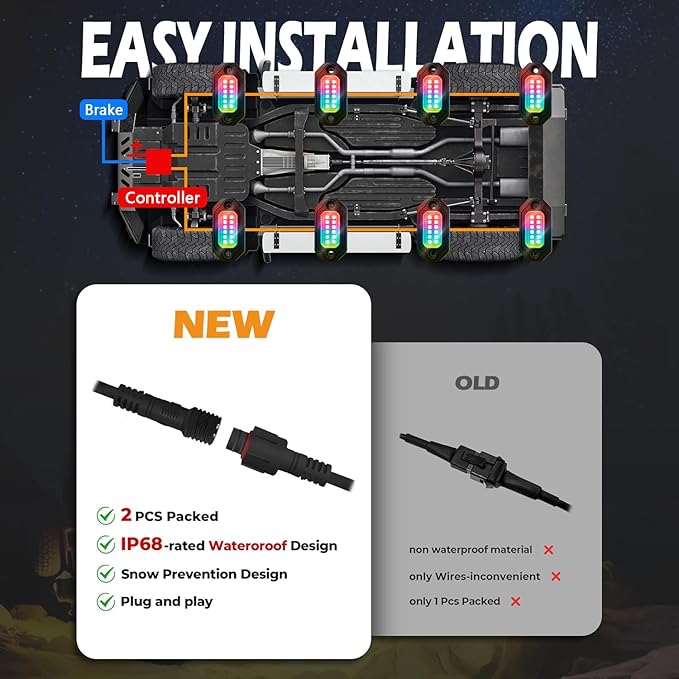 RGB LED Rock Lights Kit, 10 pods Multicolor Neon Light with Bluetooth App/Remote Control Flashing Music Mode, Aluminum Metal, IP68 Waterproof, 12v for Truck ATV UTV SUV