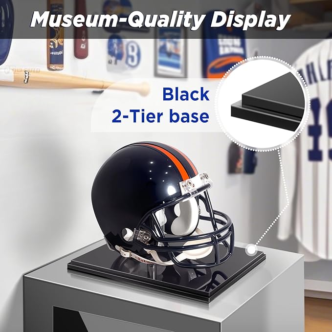 Mini-Helmet-Display-Case, UV Protection Acrylic Display Case Souvenirs and Collectibles Box for MINI Football Helmets with Black Base & Riser (Black Base & Riser, Stackable)