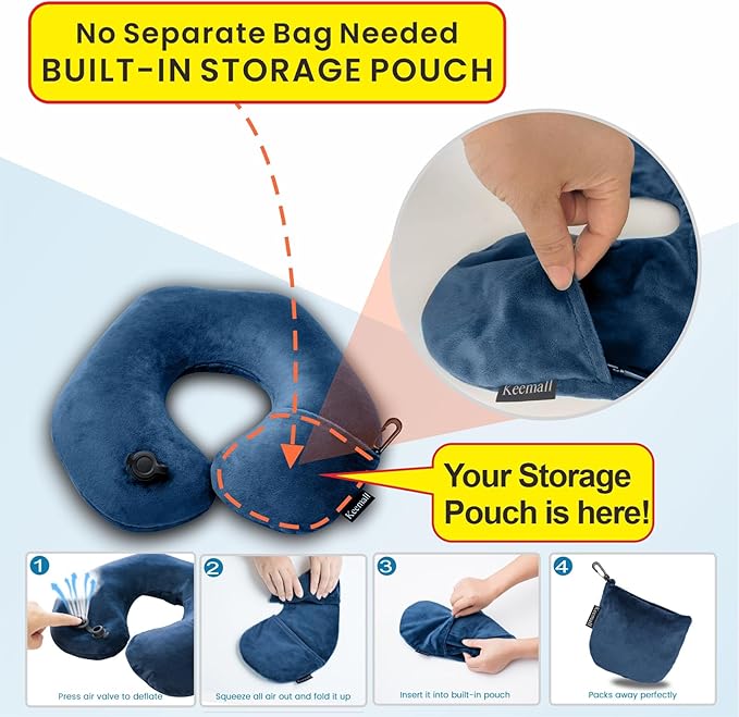 Travel Neck Pillow for Airplane, Compact Inflatable Neck Pillow for Traveling Long Flights, Adjust Firmness Neck Suport Pillow for Sleeping Plane Head Rest for Travel Accessories,Deep Blue