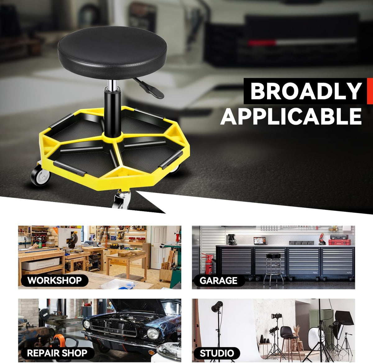 Auto Dynasty Mechanic Stool, Adjustable Rolling Pneumatic Creeper Garage Shop Seat with Tool Tray, 300 LBS Roller Seat for Workshop Auto Repair, Adjustable Height 15.7" to 21", Yellow