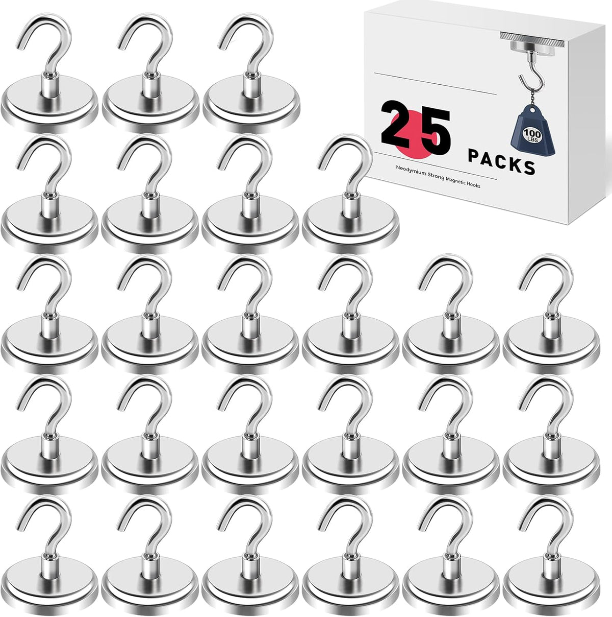 LOVIMAG Magnetic Hooks for Cruise Cabins, 110lbs Magnetic Hooks for Classroom, Strong Magnets with Hooks for Hanging, Neodymium Magnet Hooks for Fridge, Ceiling, Locker, Camper, Travel-25 Pcs