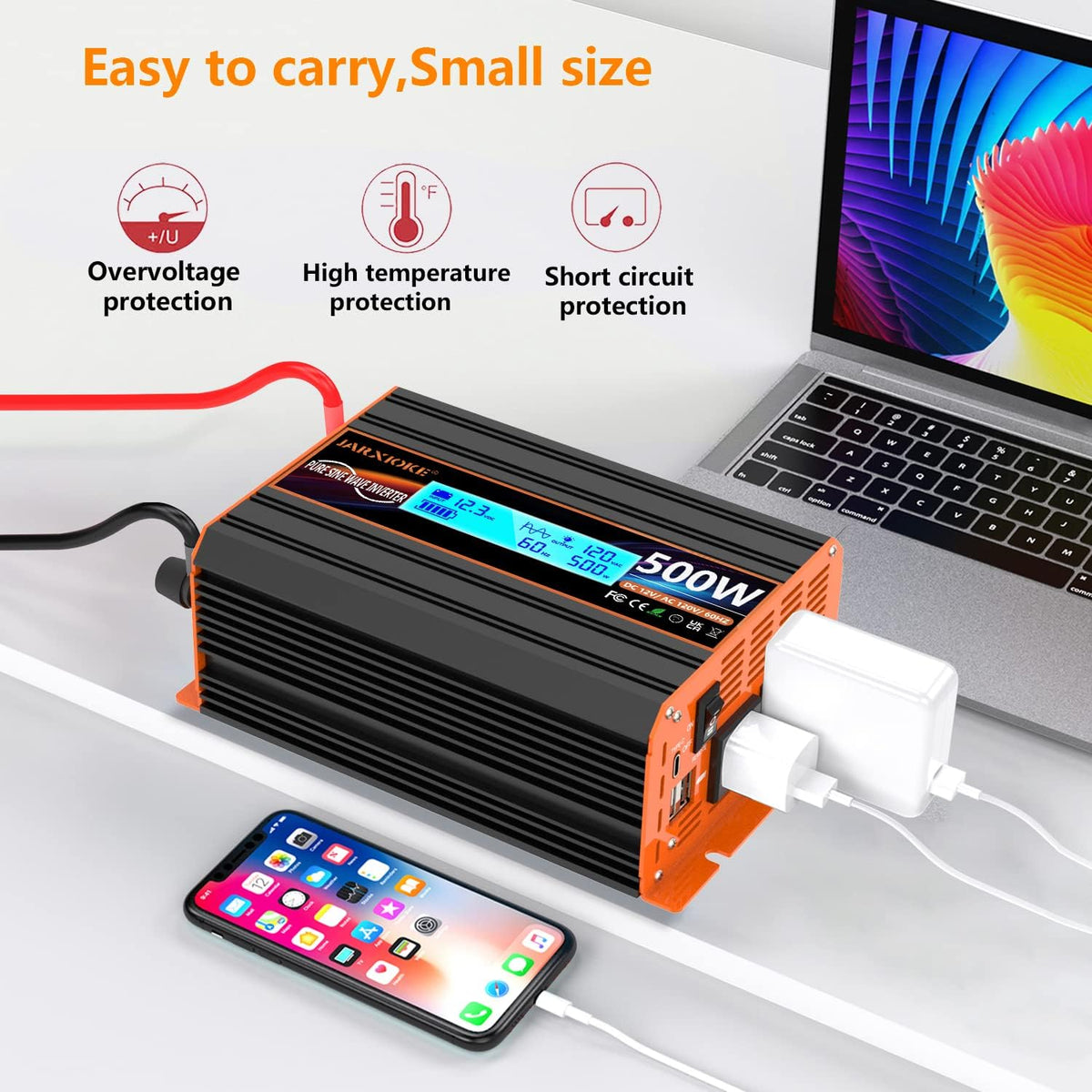 500 Watt Pure Sine Wave Power Inverter 12V DC to 110V 120V Converter for Home, RV and Off-Grid Solar Systems with Type-C Port, 2 AC Outlets, 2 USB Ports, LCD Display