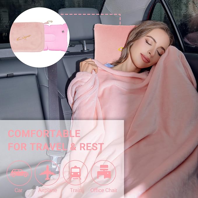 Travel Blanket & Pillow Set, 300 GSM Soft Fleece, 60x43 Inches, 3-in-1 Airplane Blanket, Travel Pillow and Blanket Set, Travel Blanket Airplane Compact with Bag, Travel Essentials, Pink