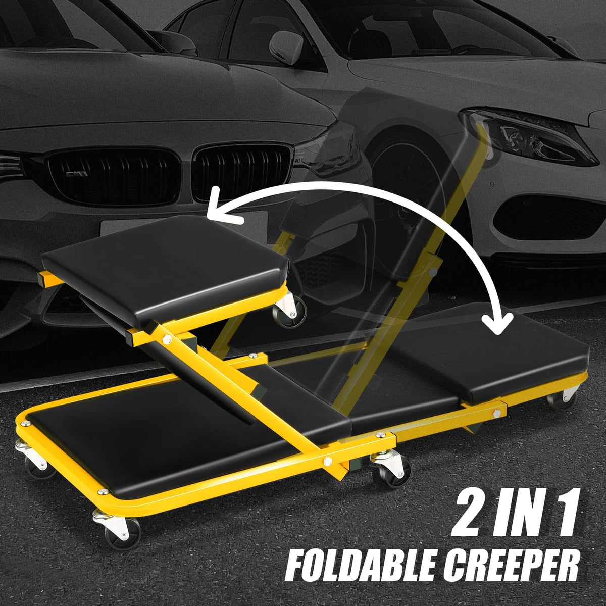 DNA MOTORING 36 Inches 2 IN 1 Rolling Folding Car Creeper/Seat, 6 Pcs 2" Casters, 150kg Weight Capacity, Yellow, TOOLS-00185-YL