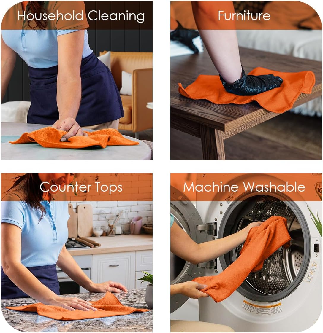 Avalon Towels Microfiber Cleaning Cloths (Value Pack of 36) Size 16" x 16", Highly Absorbent Cleaning Rags, Lint Free Cleaning Towels, Reusable and Washable, Microfiber Towels for Cars (Orange)