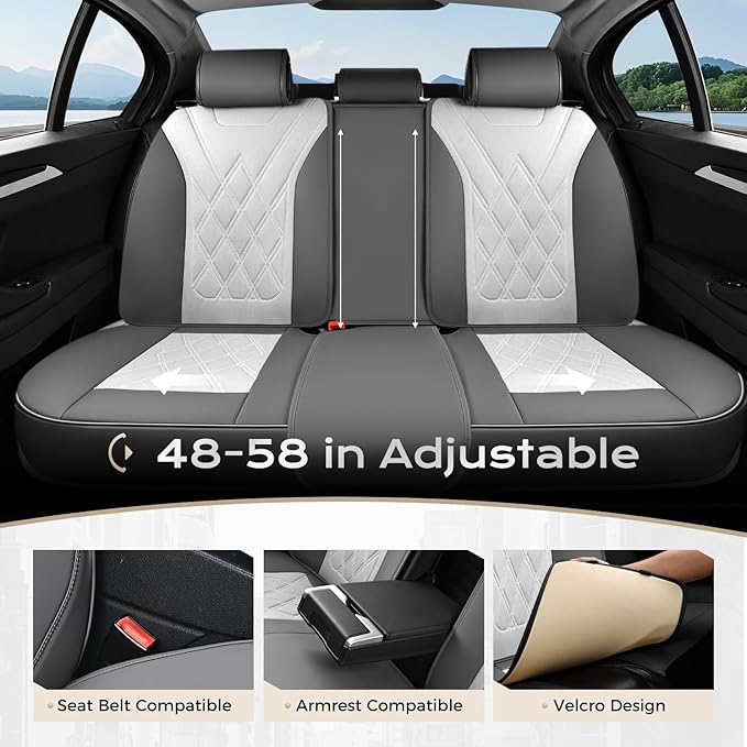 Coverado Car Seat Covers Full Set, Seat Covers for Cars, Front Seat Covers and Back Seat Cover Waterproof Leather Automotive Seat Cover, Universal Car Interior Protectors for Most Cars Light_Gray