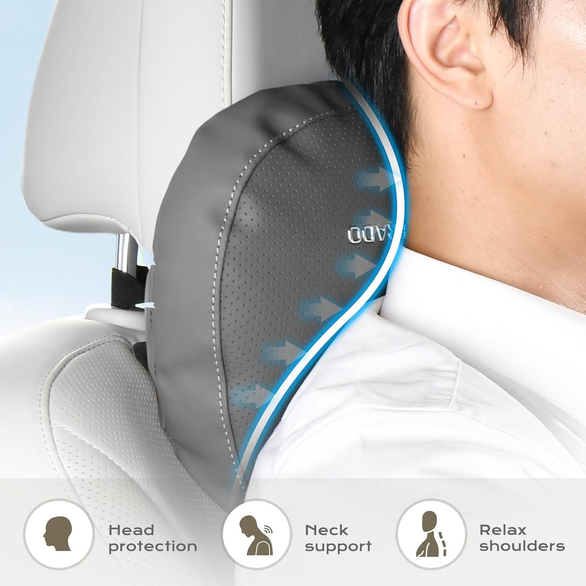 Coverado Leather Car Headrest Pillow Car Neck Pillow with Adjustable Strap, Head Support Rest Driver Relax Head Muscles Relieve Driving Fatigue, Breathable & Removable Cover, Gray