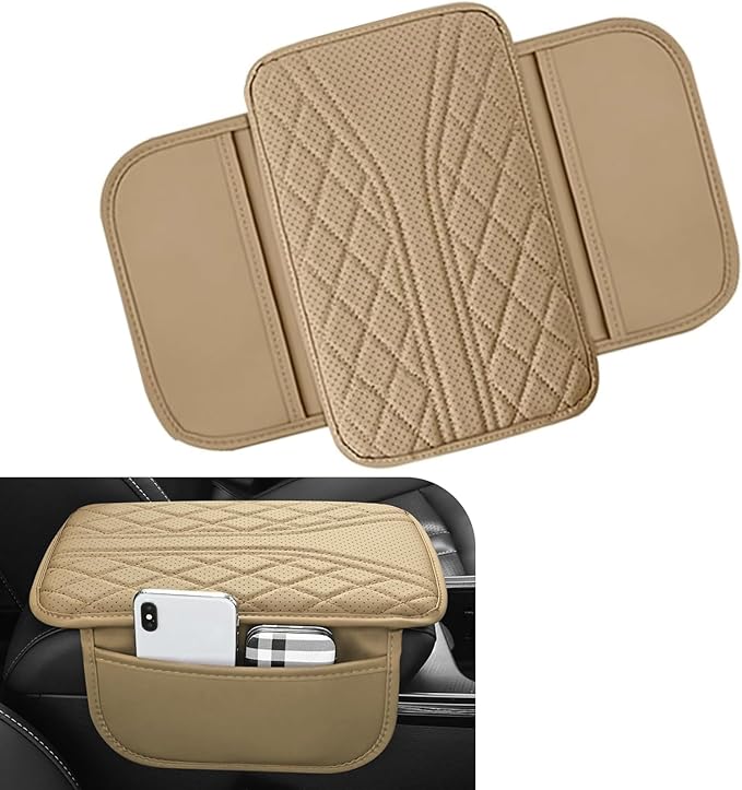 Car Center Console Cover, Leather Auto Armrest Cover with 2 Storage Bags, Universal Cars Armrest Cushion, Vehicle Interior Accessories Protector for Sedan, SUV, Truck((Beige)