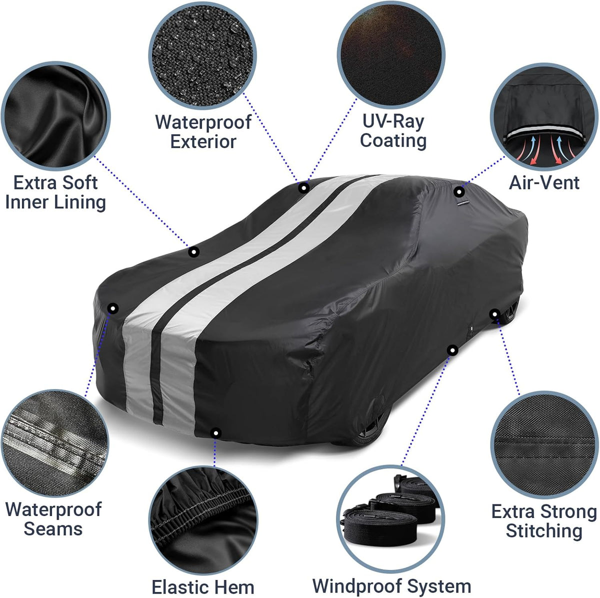 iCarCover Custom Car Cover for Chevy Chevelle Wagon (1964-1967) Waterproof All Weather Rain Snow UV Sun Protector Full Exterior Indoor Outdoor Car Cover (Stripe - Black/Gray)