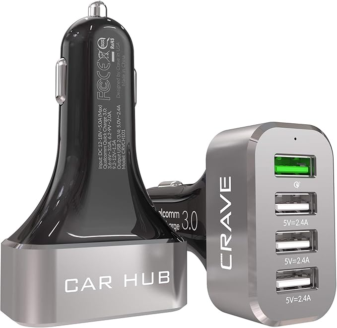 Crave CarHub 54W 4 Port USB Car Charger, Qualcomm Quick Charge 3.0 - Black