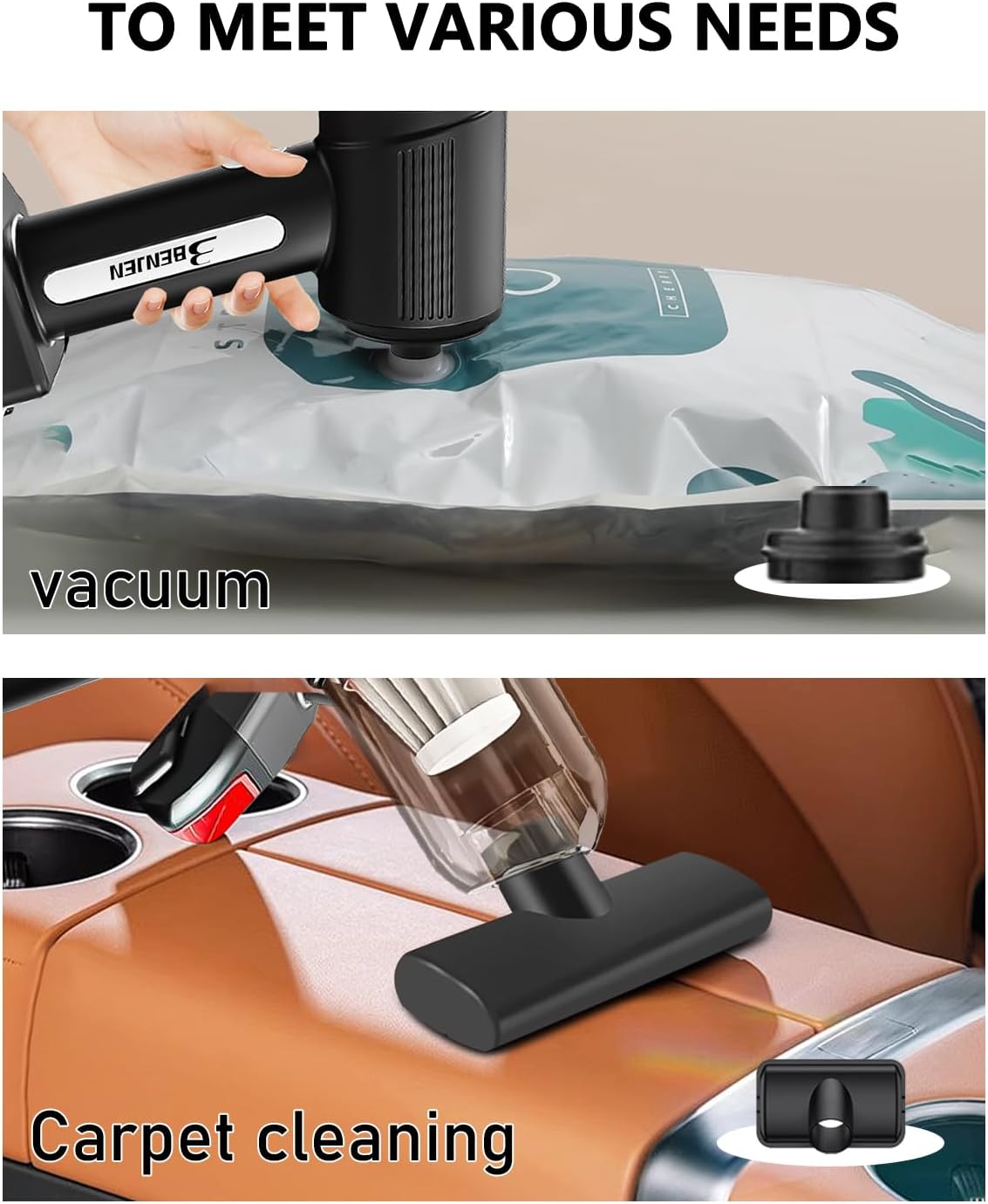 BENJEN Portable Vacuum Cleaner for Car, Cordless Handheld Car Vacuum 16000PA High Power with Brushless Motor, Two Batteries Long Endurance, Mini Vacuum Cleaner for Home, Office, Pet