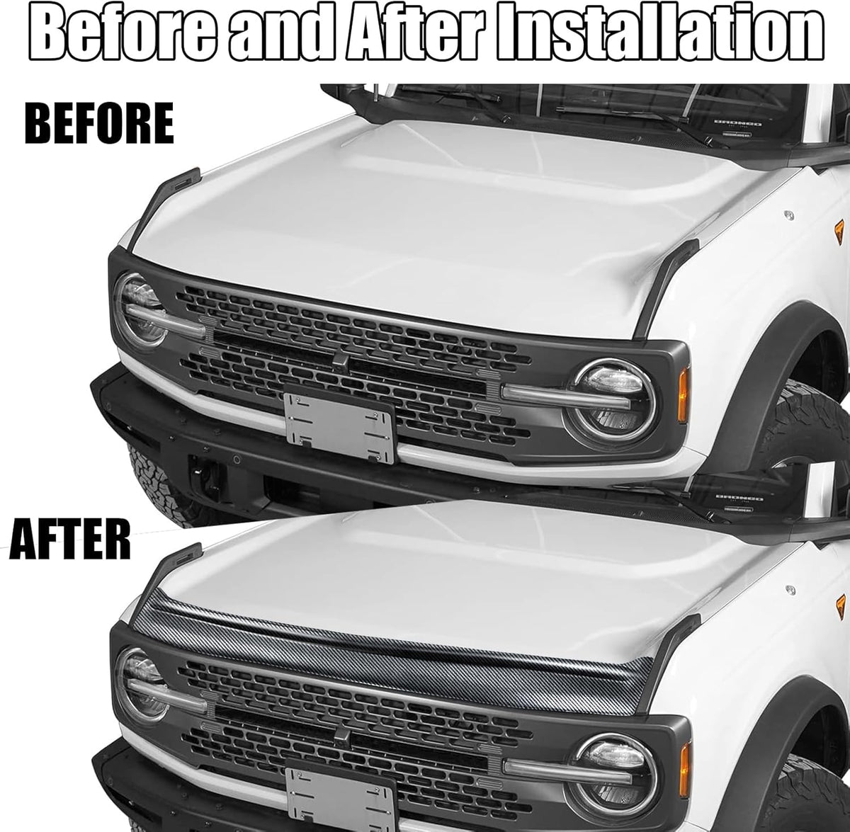 Hood Deflector Hood Protector Compatible with Ford Bronco 2/4 2024 2023 2022 2021 Gloss Carbon Fiber Hood Protector Bug Deflector Stone Guard(Not for Bronco Sports)
