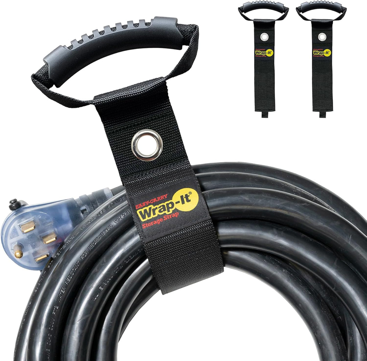 Wrap-It Storage Easy-Carry Straps - 22" (2-Pack) Black with Grommet - Extension Cord Holder Organizer for Garden Hose Storage Cord Straps