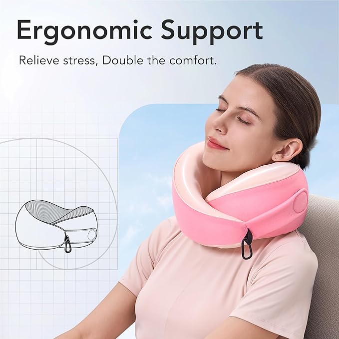 Travel Pillow, 100% Pure Memory Foam Travel Neck Pillow Airplane Neck Support Ergonomic Design for Traveling Suitable for Airplanes,Offices and Cars-Cooling Silk Pink