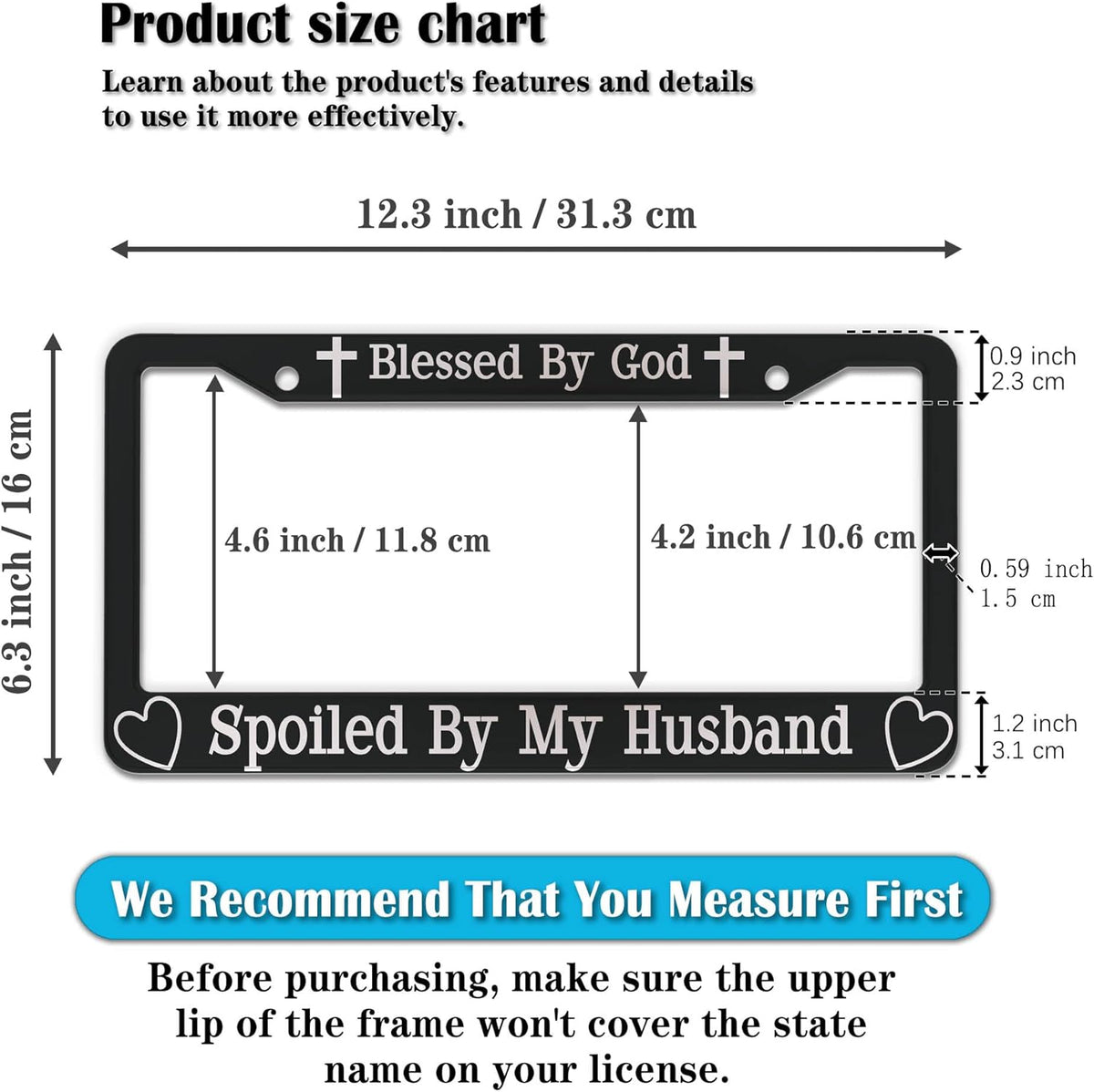 License Plate Frames Black and White Front License Plate Bracket Blessed by God Spoiled by My Husband Aluminum Metal Car Accessory 2 Pack with Screw Covers Set