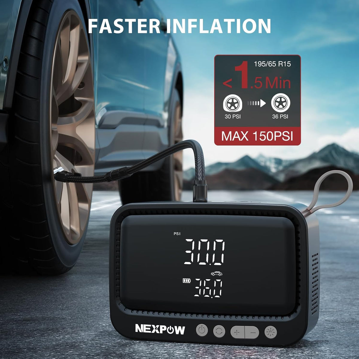 NEXPOW Tire Inflator Portable Air Compressor, 150 PSI Cordless Air Pump for Car Tires with Digital Pressure Gauge & Auto Shut-Off, Air Compressor Portable for Car, Motorcycle, Bicycle, Balls, Gray