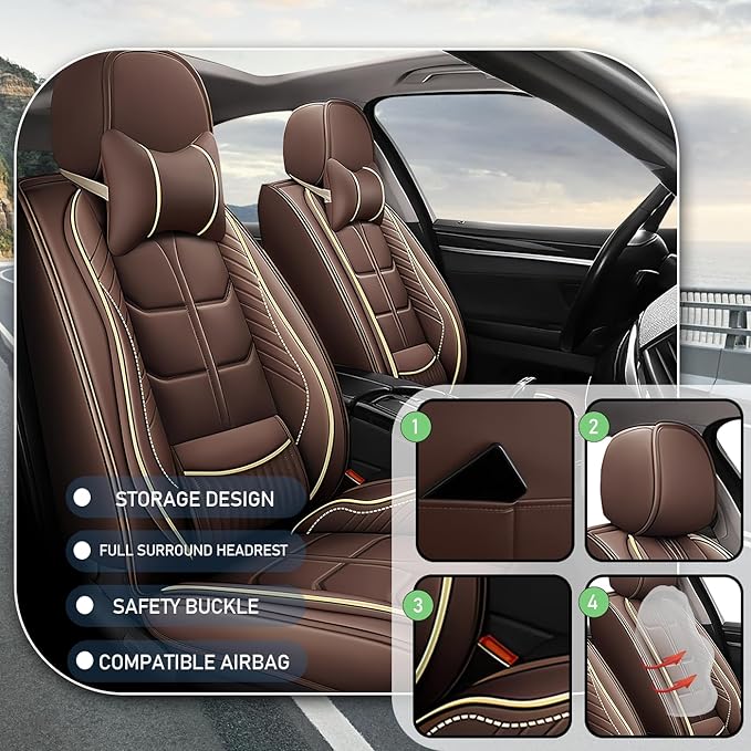 Leather Car Seat Covers Fit for Toyota Sequoia 2001-2024, 5 Seater Car Seat Cover, Premium Waterproof, Scratch Resistant Car Interior Accessories (Full Set with Pillow Coffee)