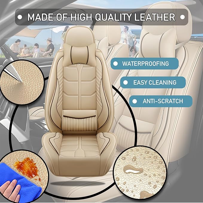 Leather Car Seat Covers Fit for Toyota Avalon 1996-2024, 5 Seater Car Seat Cover, Premium Waterproof, Scratch Resistant Car Interior Accessories (Full Set with Pillow Beige)