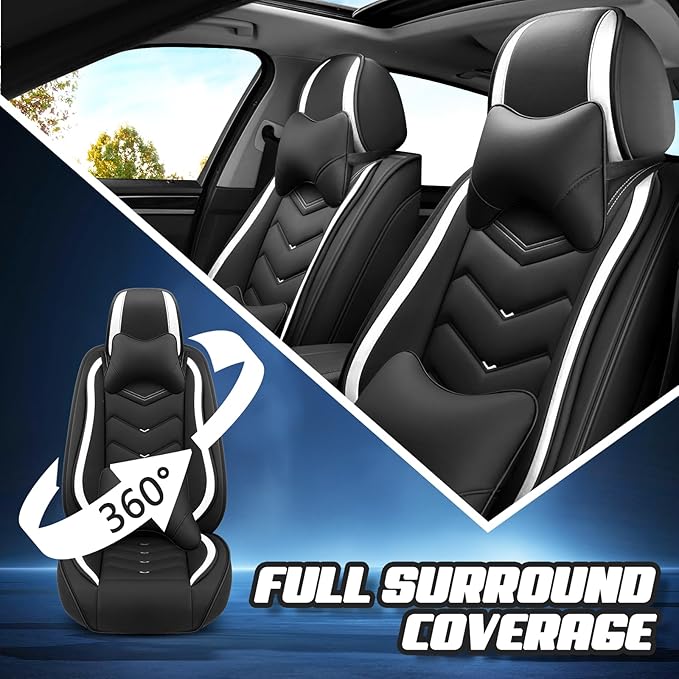 Car Seat Covers for Cadillac CTS 2003-2019, Premium Nappa Leather Car Seat Cover, Stylish Sport Seat Covers， Automobile Seat Cover Sets.(Luxury 5 Seats/Black White)
