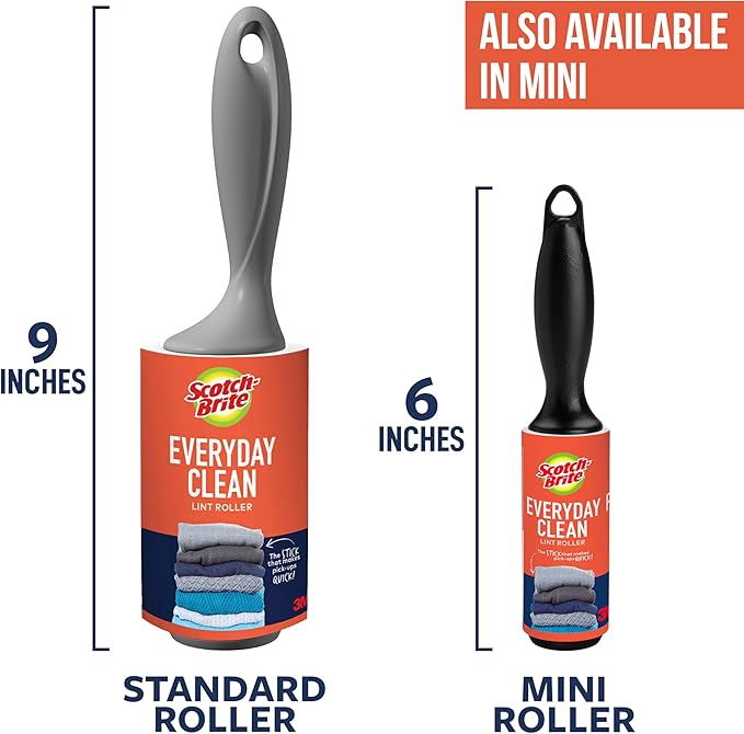 Scotch-Brite Everyday Clean Lint Roller, Lint Remover for Pet Hair, Dark Clothes, Furniture, and Dusty Surfaces, Picks Up Fur & Fluff in Your Home, Car, & Office, 1 Pack, 100 Adhesive Sheets Total