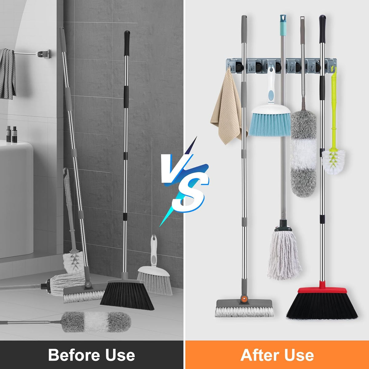 nacena Broom Holder Wall Mount, 2 Packs grey Wall Hanging Garden Tool & Utility Closet Organizer Mop & Broom Hook Wall Mounted Heavy Duty Broom and Mop Organizer Wall Hanging for Bathroom, garage