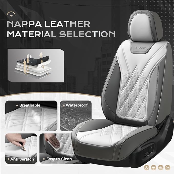 Coverado Car Seat Covers Full Set, Seat Covers for Cars, Front Seat Covers and Back Seat Cover Waterproof Leather Automotive Seat Cover, Universal Car Interior Protectors for Most Cars Light_Gray