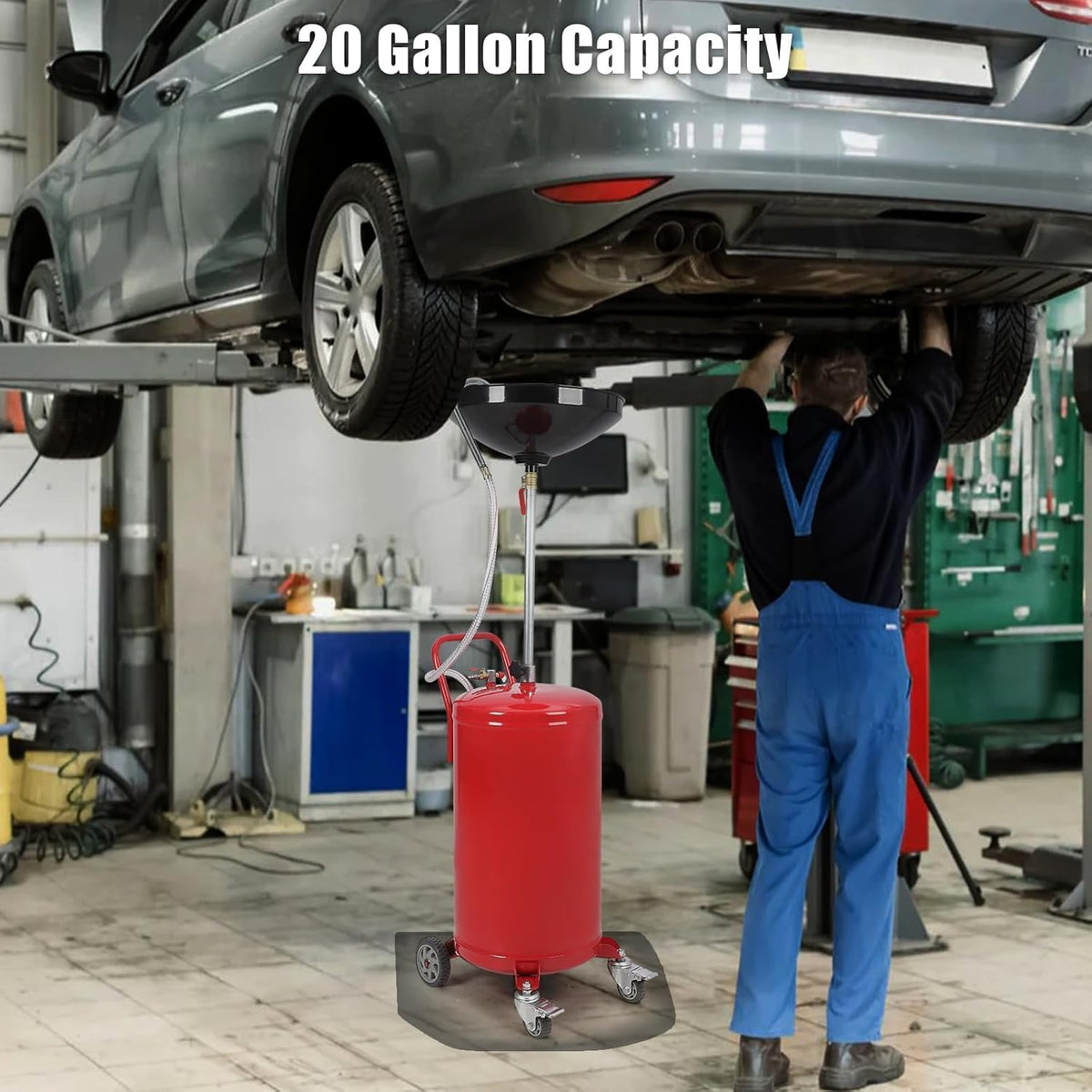 20-Gallon Waste Oil Drain Tank, Air Operated Portable Oil Drainer with Adjustable Funnel Height, Fluid Fuel Transfer Drainage with Wheels, Oil Change Container for Garages, Auto Repair Shops