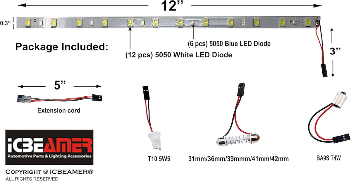 ICBEAMER 12" Color Changing from Blue to White 18 SMDs 5050 LED Light Strip for Fit Car Trunk Cargo Area Interior Ambient Illumination Decoration