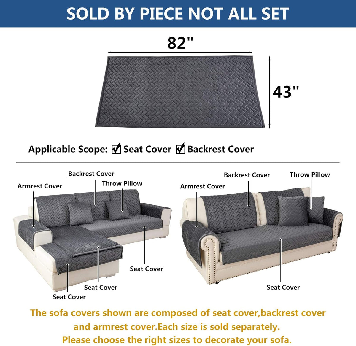 Eismodra Couch Cover,Sectional Couch Covers,Sofa Covers for 3 Cushion Couch,Anti-Slip Sofa Slipcovers for Dogs Cats Kids Loveseat Recliner L Shaped Armrest Backrest,Dark Gray 43''x82''(Only 1 Piece)