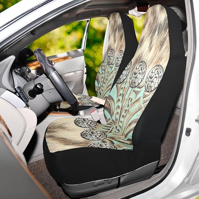 Western Car Seat Covers Set of 2,Rustic Brown Beige Teal Western Country Cowboy Tooled Leather Universal Auto Front Seat Cushion Protector for Women Men Cool Car Accessories Fit for Car Truck